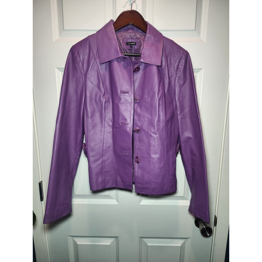 Vintage 90s 600 West Purple Genuine Leather Jacket Women's Size 10 Retro Button